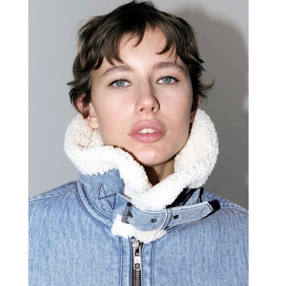 ZARA NEW FAUX SHEARLING BIKER JACKET MOTO DENIM BLUE M MEDIUM 3548/250 - Picture 12 of 16